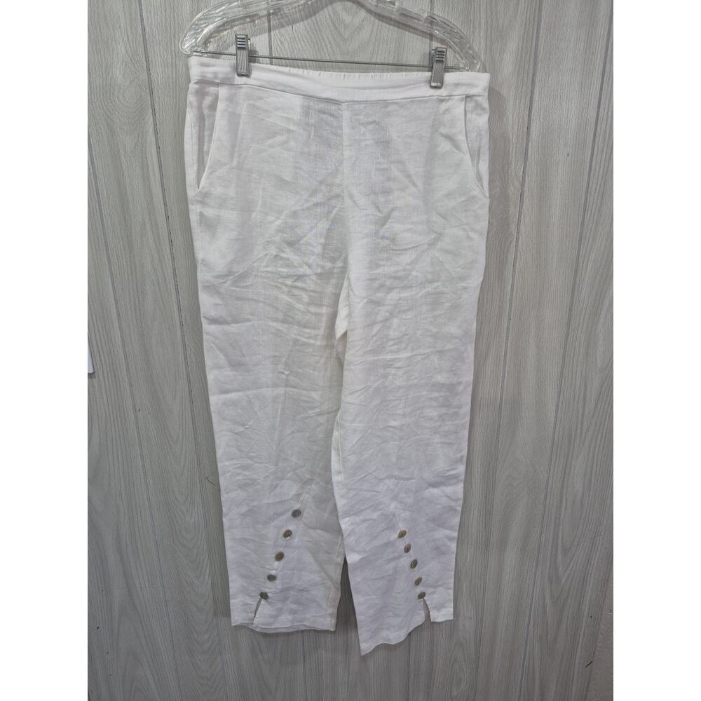 PECK & PECK Women's 100% Linen Pant Pockets White M Cruise Beach Feminine